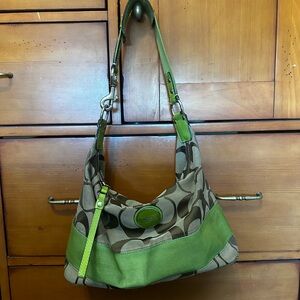 Coach Signature C Green Stripe Hobo Handbag Leather Purse